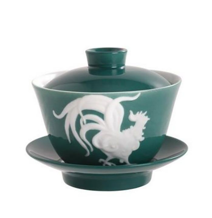 Jean Boggio Covered Chinese Tea Cup With Rooster Pattern JB00915