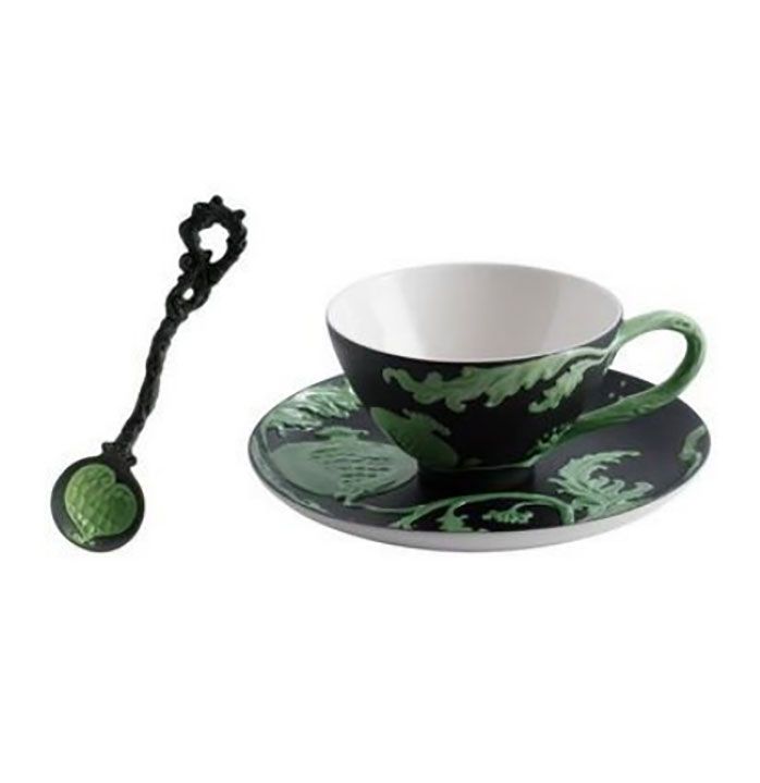 Jean Boggio Pomegranate Cup Saucer Spoon Set Black Mat Green JB00932BG