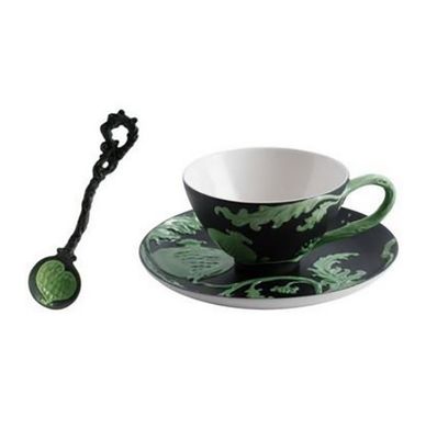 Jean Boggio Pomegranate Cup Saucer Spoon Set Black Mat Green JB00932BG