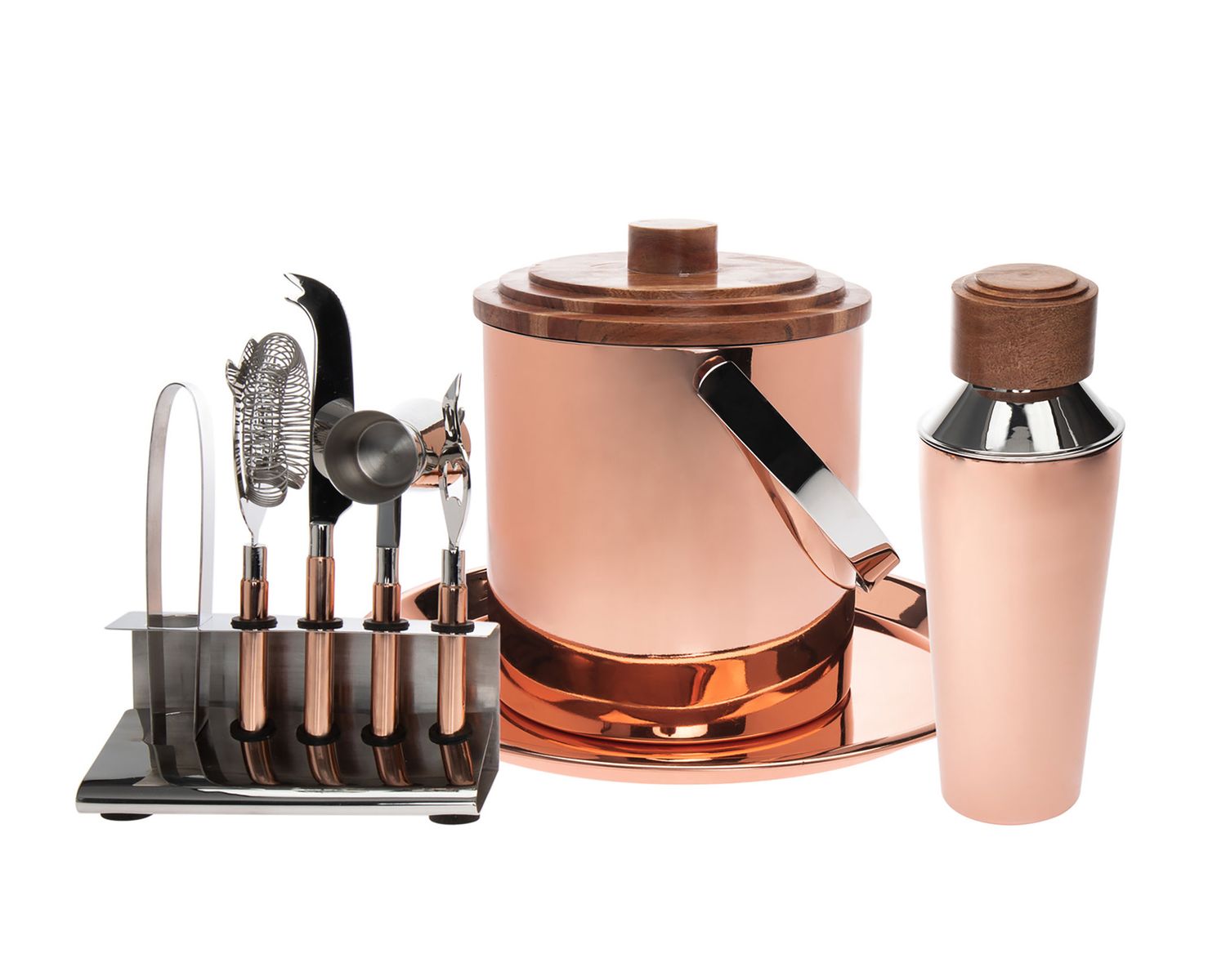 Godinger 9 Piece Copper Wood Bar Set 92385, 028199923856