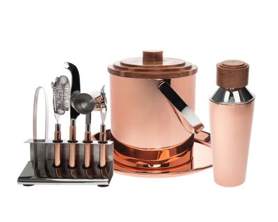 Godinger 9 Piece Copper Wood Bar Set 92385, 028199923856