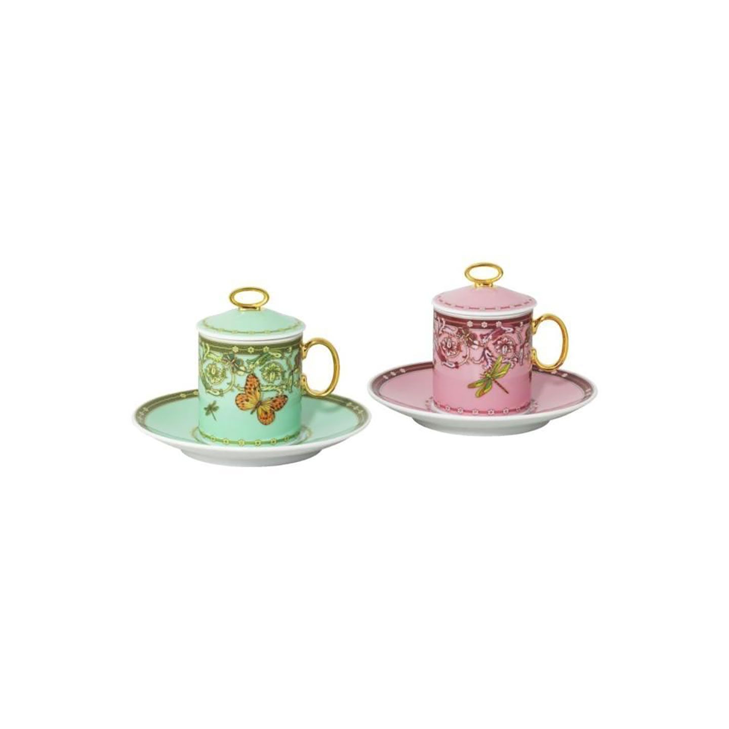 Versace Butterfly Garden 30th Anniversary AD Cup and Saucer and Lid Set 2 Pink and Green 3 3/4 oz &amp;…