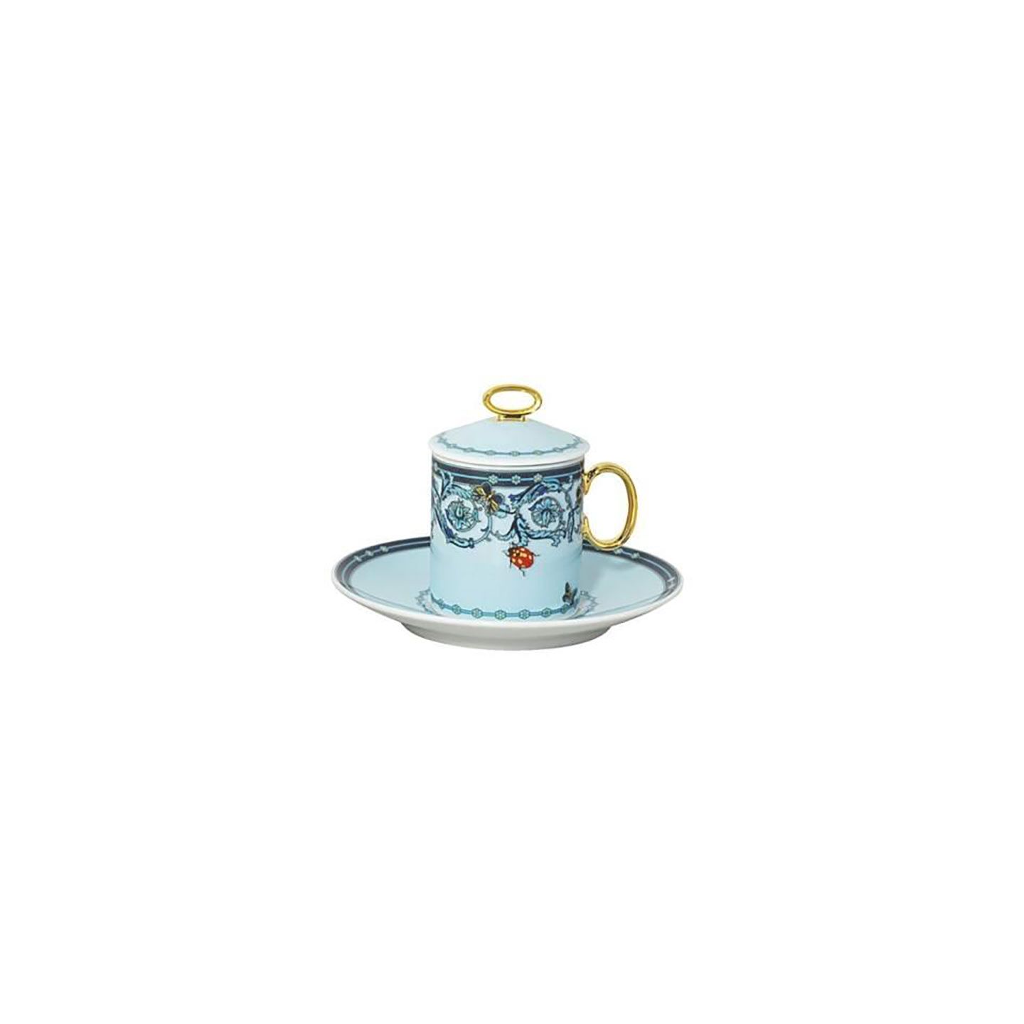 Versace Butterfly Garden 30th Anniversary AD Cup and Saucer and Lid Blue 3 3/4 oz &amp; 5 Inch