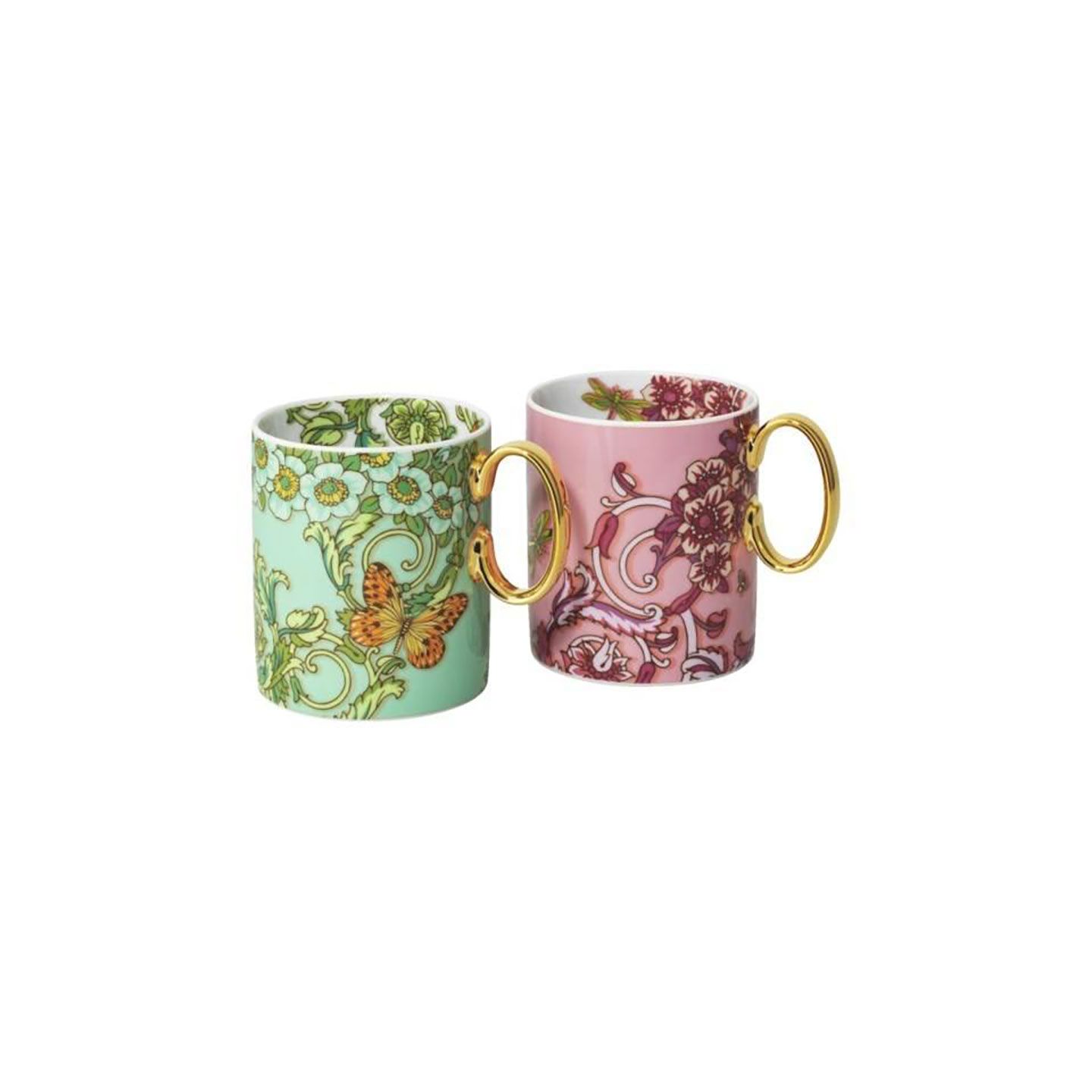 Versace Butterfly Garden 30th Anniversary Set 2 Mugs Pink and Green 11 oz
