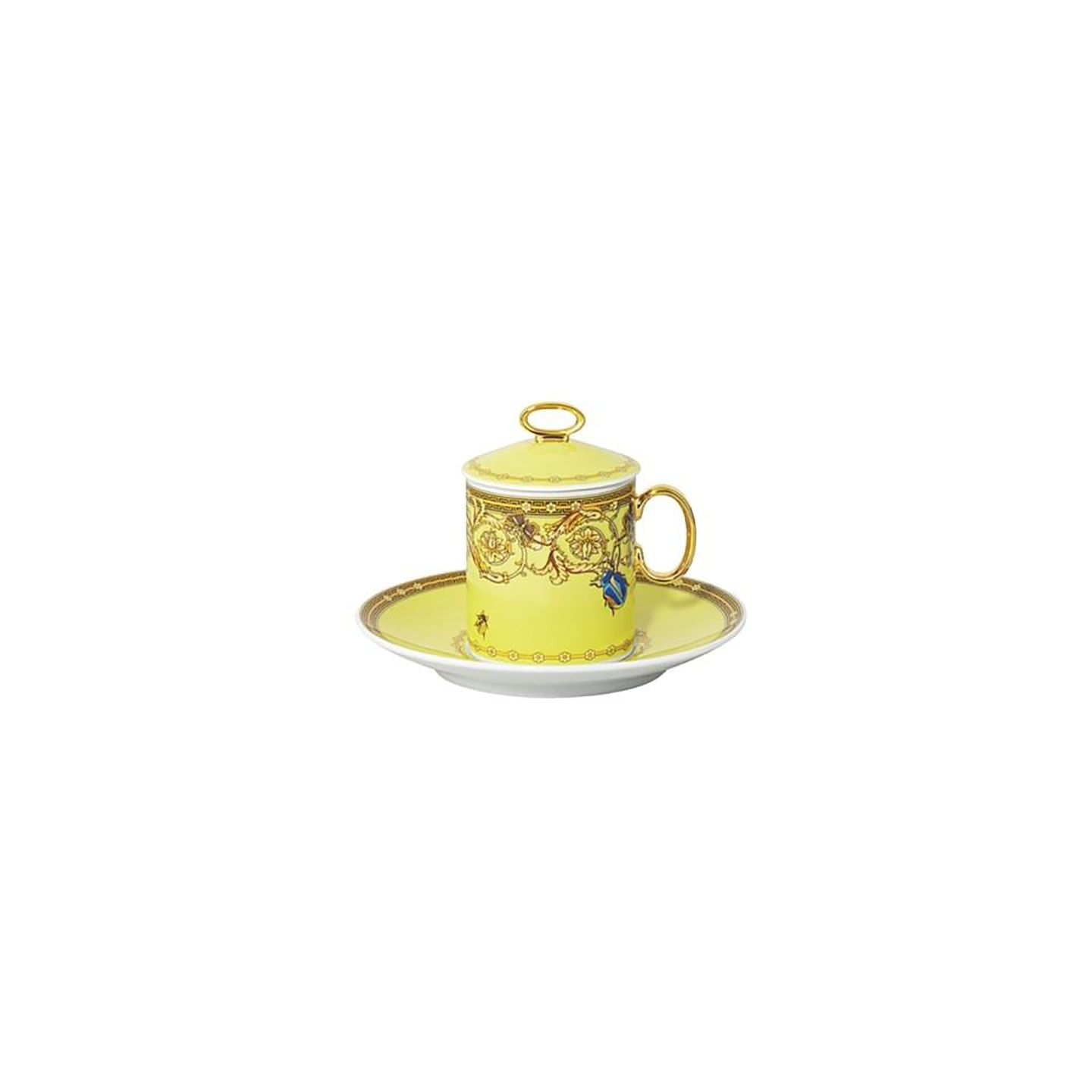 Versace Butterfly Garden 30th Anniversary AD Cup and Saucer and Lid Yellow 3 3/4 oz &amp; 5 Inch