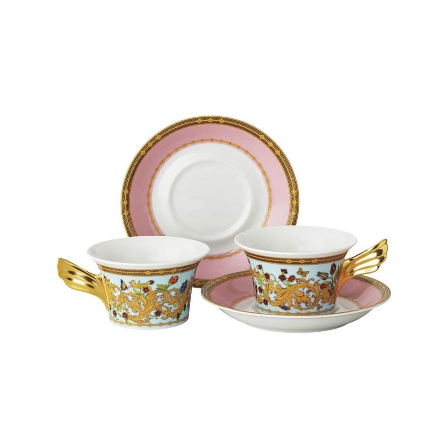 Versace Butterfly Garden 30th Anniversary Set 2 Tea Cups and Saucers Winged handle 7 1/2 oz 6 1/4 I…
