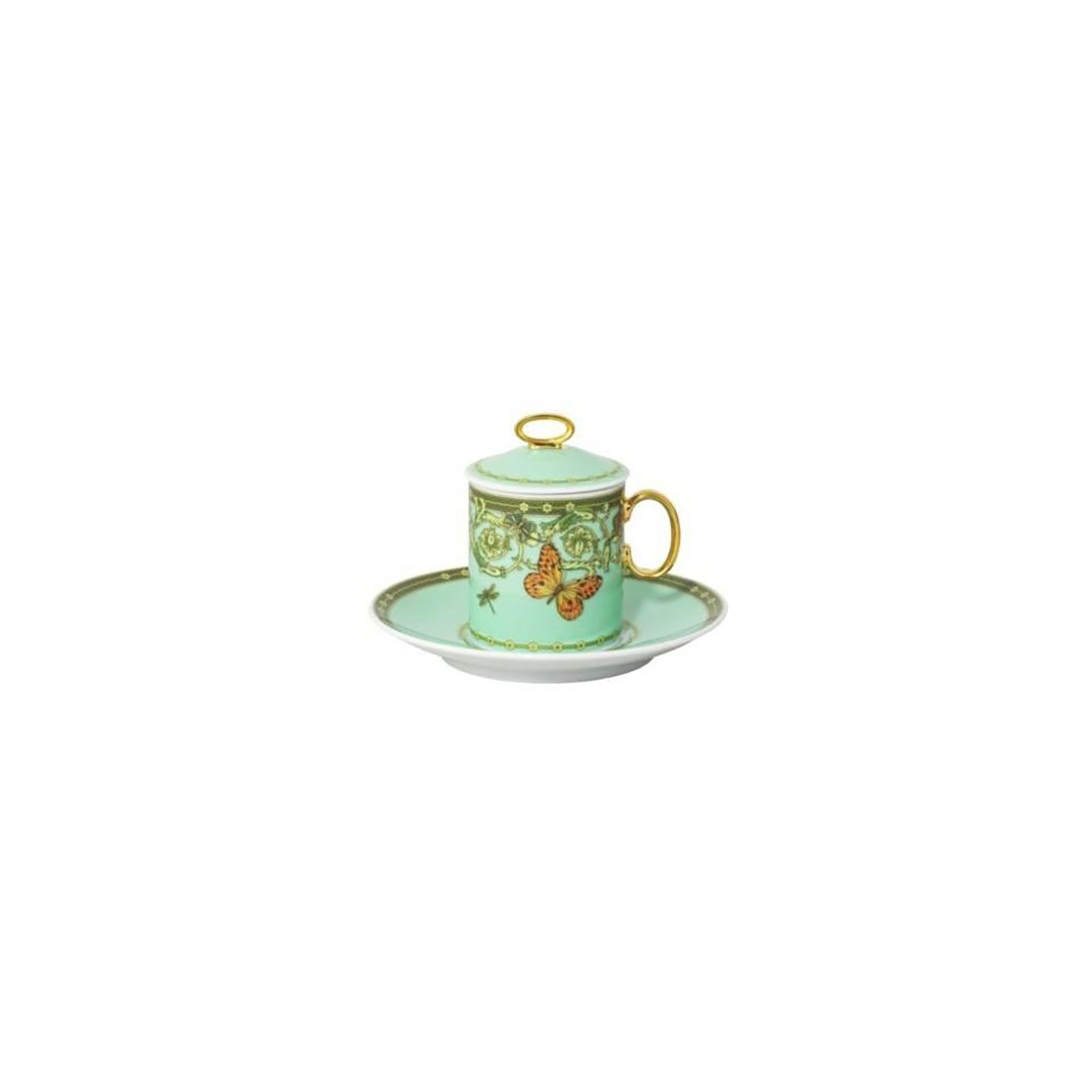 Versace Butterfly Garden 30th Anniversary AD Cup and Saucer and Lid Green 3 3/4 oz &amp; 5 Inch