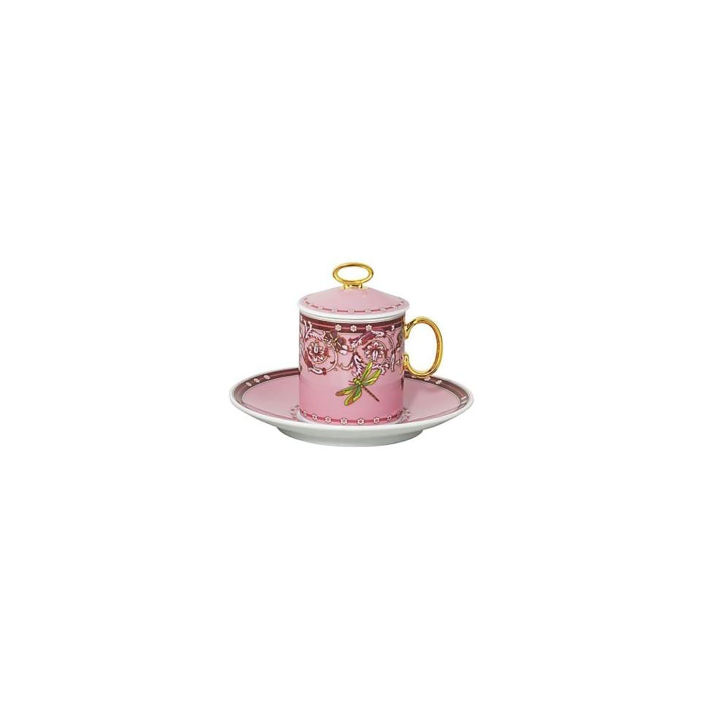 Versace Butterfly Garden 30th Anniversary AD Cup and Saucer and Lid Pink 3 3/4 oz &amp; 5 Inch