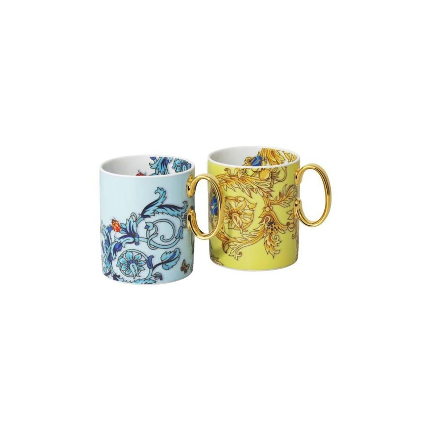 Versace Butterfly Garden 30th Anniversary Set 2 Mugs Blue and Yellow 11 oz