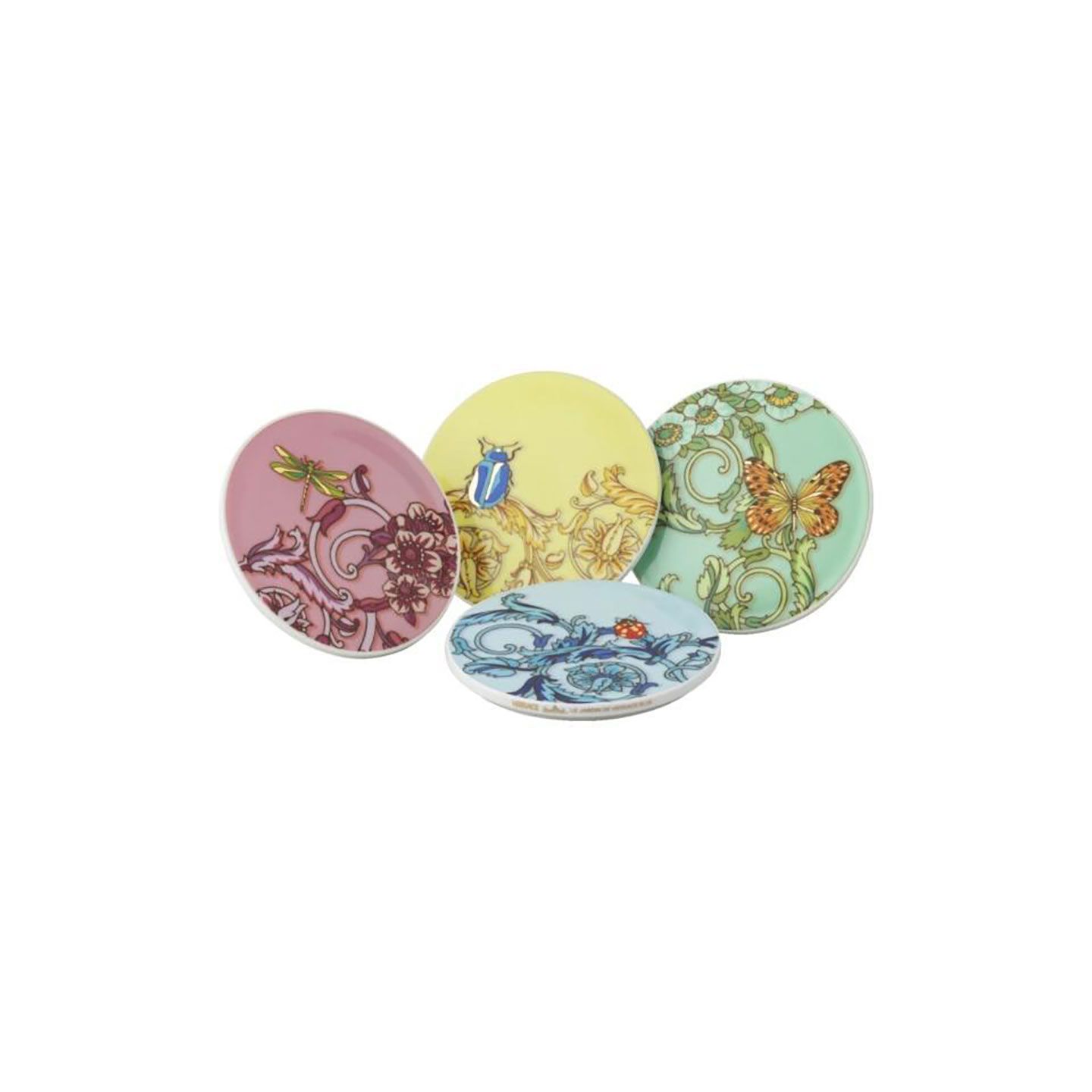 Versace Butterfly Garden 30th Anniversary Coaster Porcelain Set 4 Pieces 3 1/2 Inch