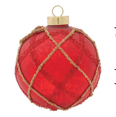 Kat + Annie Red And Gold Beaded Lines Round Ornament Set of 6, 87441, 026301874416