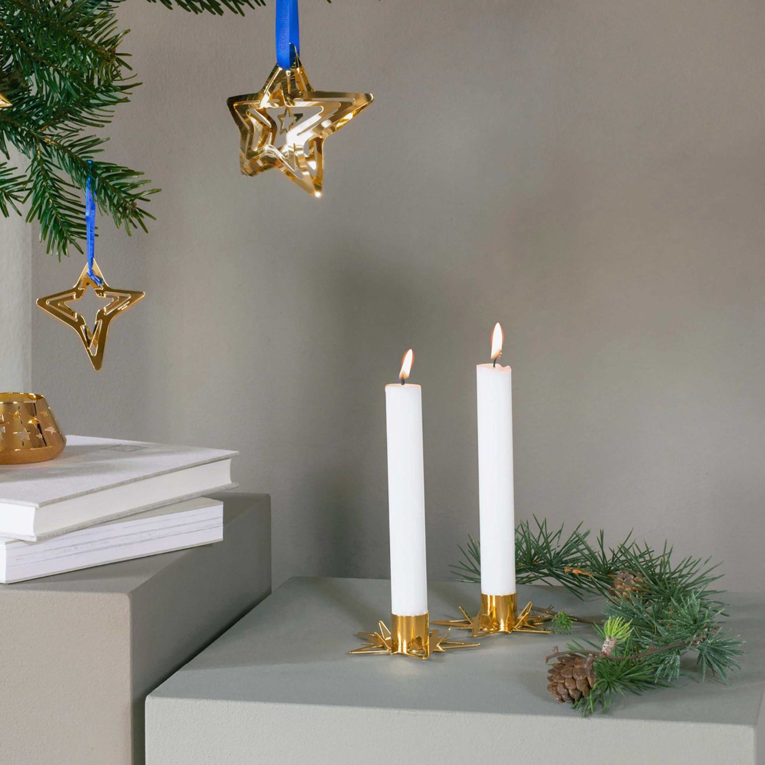 George Jensen Classic Christmas Star Taper Candle Holder Gold 2 Pieces 10019321, 5713275209881