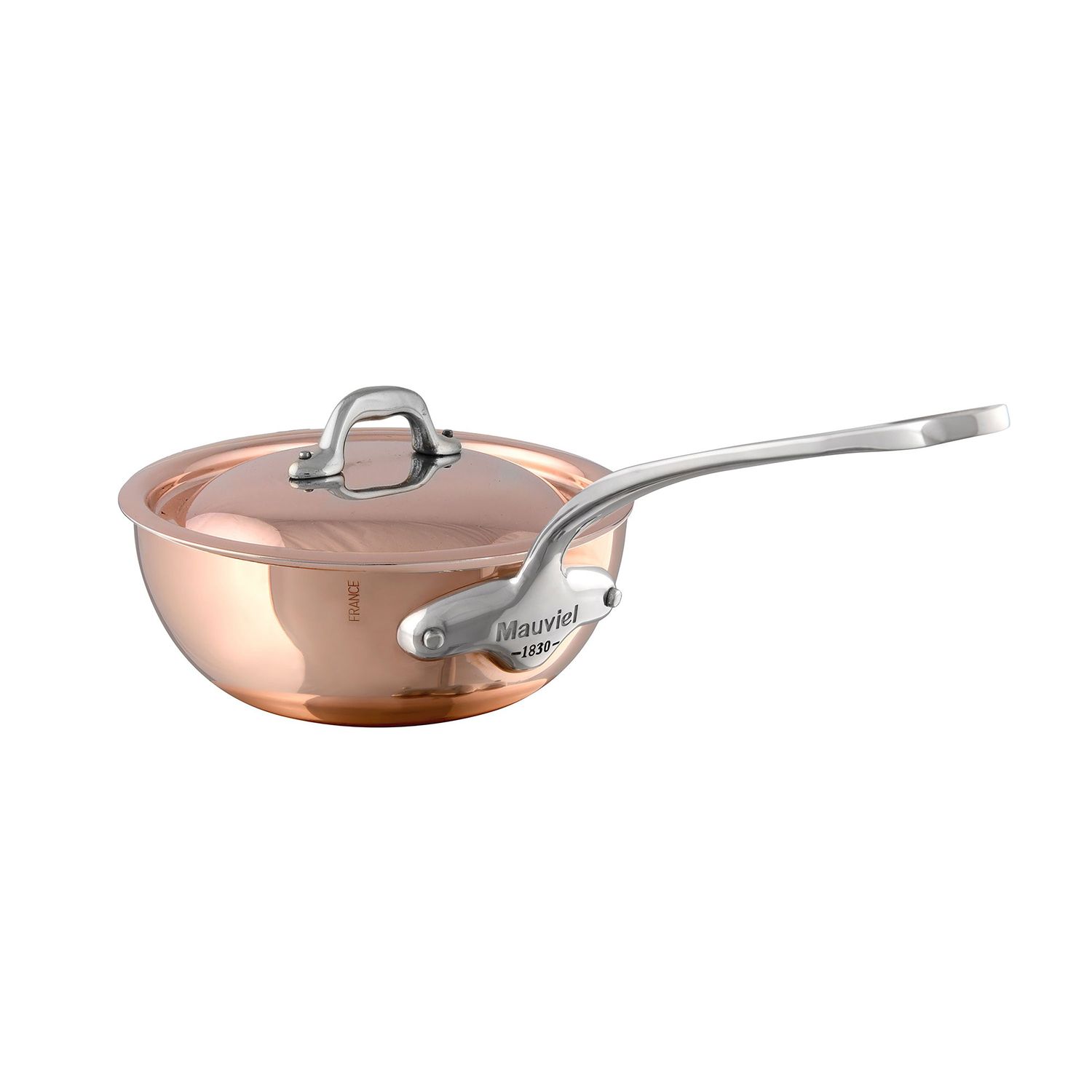 Product photo of Mauviel M'150S Copper Curved Splayed Saute Pan with Lid 6.3 Inch - MPN 611277