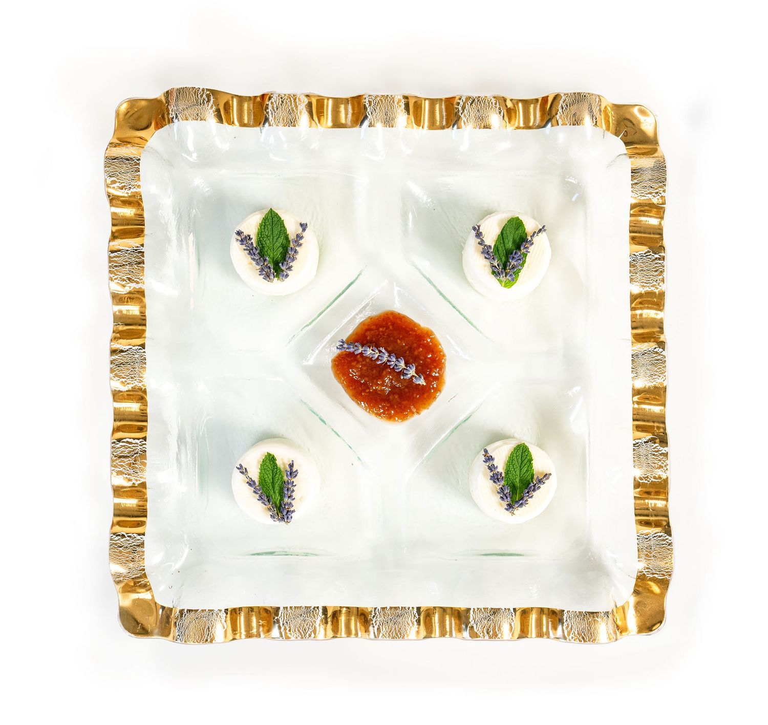 Annieglass Ruffle Gold Square Chip &amp; Dip 15.5 Inch, G249, 690432249117