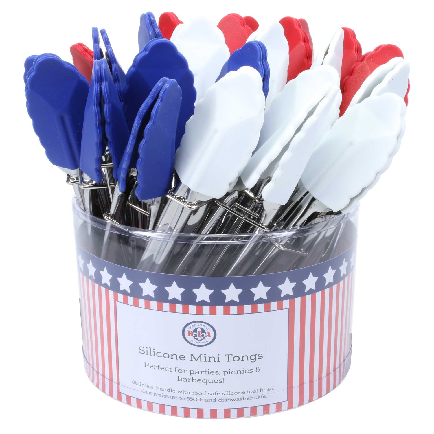 BIA Cordon Bleu Red White and Blue Mini Silicone Tongs 24-Piece Counter Display Unit, 307005-1776CD…