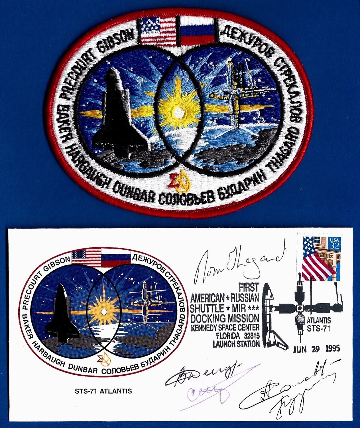 1995 Soyuz TM-21 Full crew signed envelope + Patch
