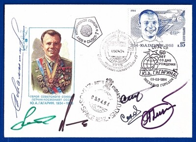 1984 Soyuz T-10/T-11 crew signed Salyut 7 flown envelope
