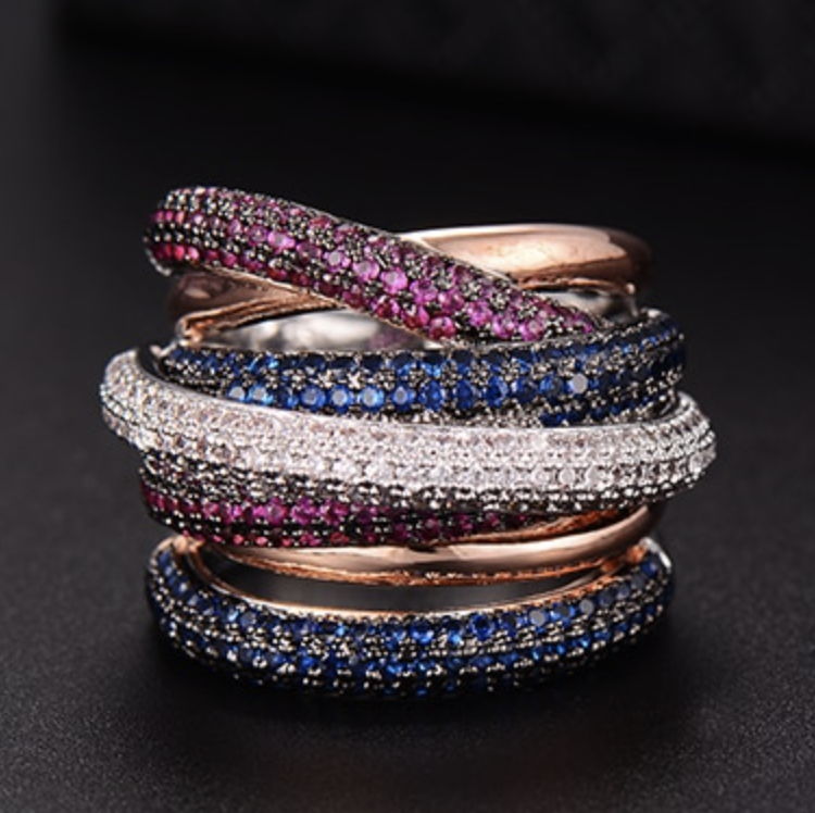 Multiple cubic zirconium twisted rings, Color: Blue, Size: 6