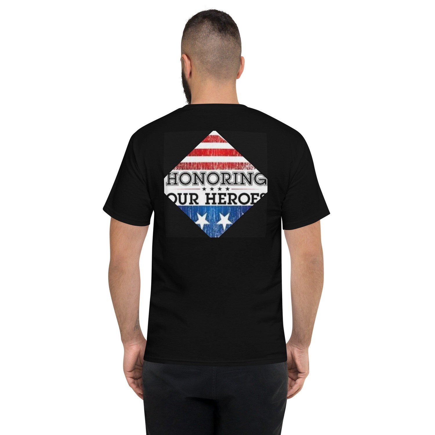 Men&#39;s Champion T-Shirt with Honoring those who served logo on back.