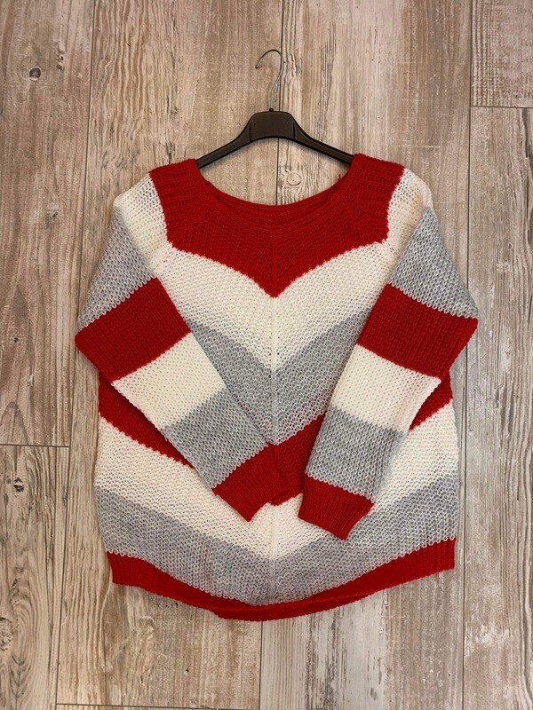 Pull tricolore tendance rouge gris blanc