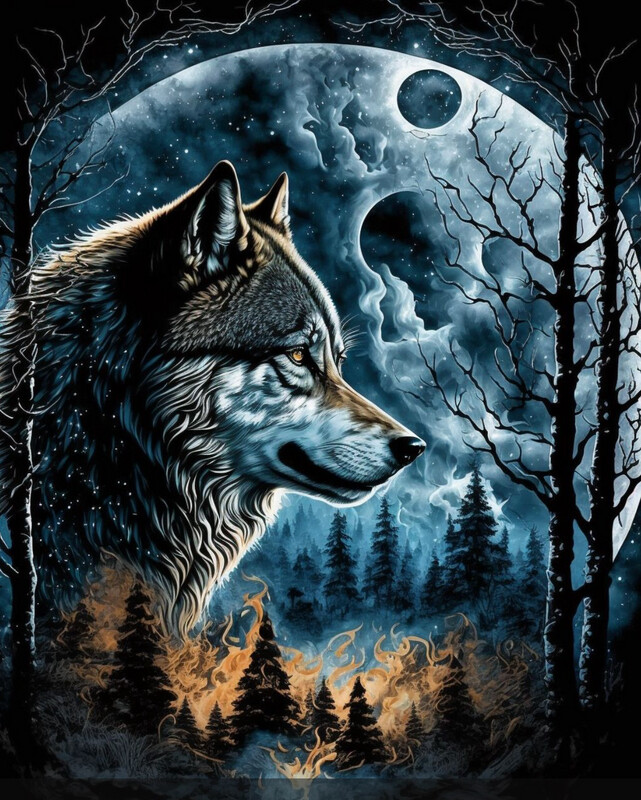 Plaque métal loup 🐺 et lune 🌑 20 X 30 cm