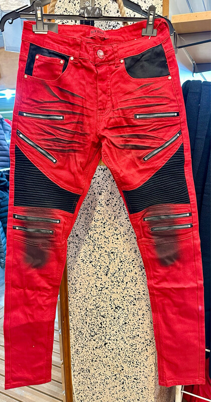 Jeans élasthane fashion rouge et noir avec fermetures