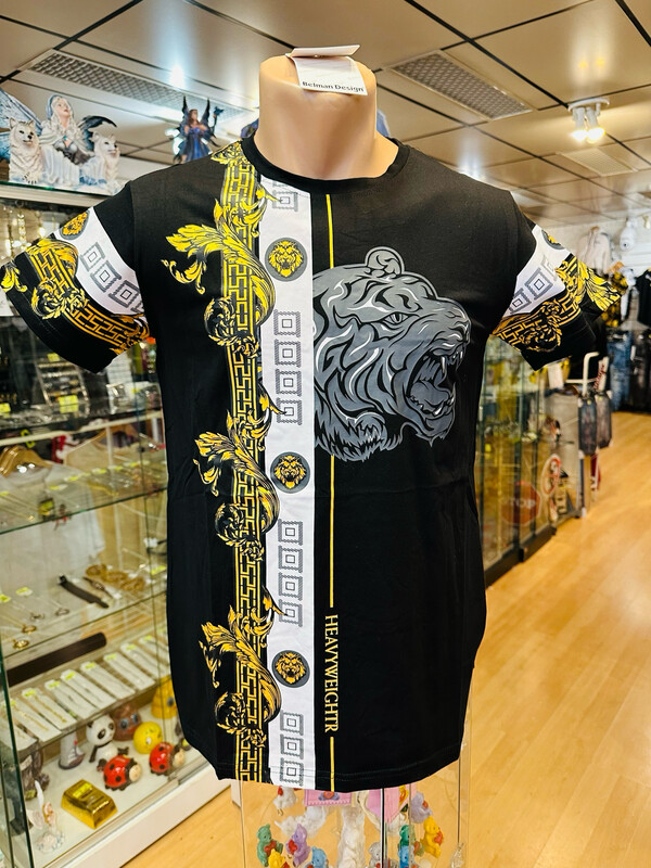 T-shirt fashion têtes de lion et tigre noir et or