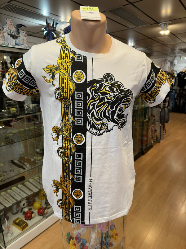 T-shirt fashion têtes de lion et tigre blanc et or