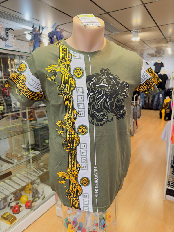 T-shirt fashion têtes de lion et tigre kaki et or