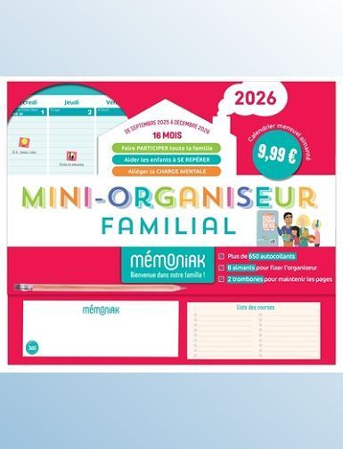 MINI-ORGANISEUR FAMILIAL MEMONIAK 2026, CALENDRIER MENSUEL, SEPT. 2025 A DEC. 2026