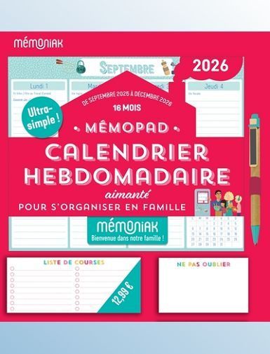 BLOC AIMANTE 2026 MEMOPAD CALENDRIER HEBDOMADAIRE, SEPT. 2025-DEC. 2026, ORGANISATION FAMILIALE