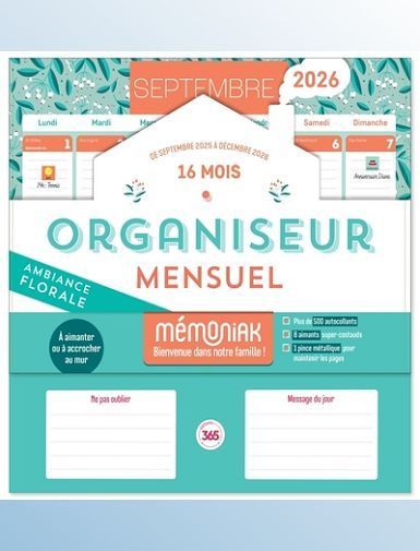 ORGANISEUR CALENDRIER MENSUEL AIMANTE SEPT. 2025-DEC 2026 - AMBIANCE FLORALE