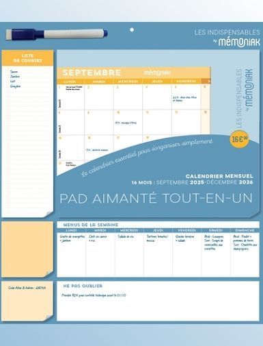 PAD MENSUEL CALENDRIER AIMANTE TOUT-EN-UN 2026, SEPT. 2025-DEC. 2026, ORGANISATION FAMILIALE