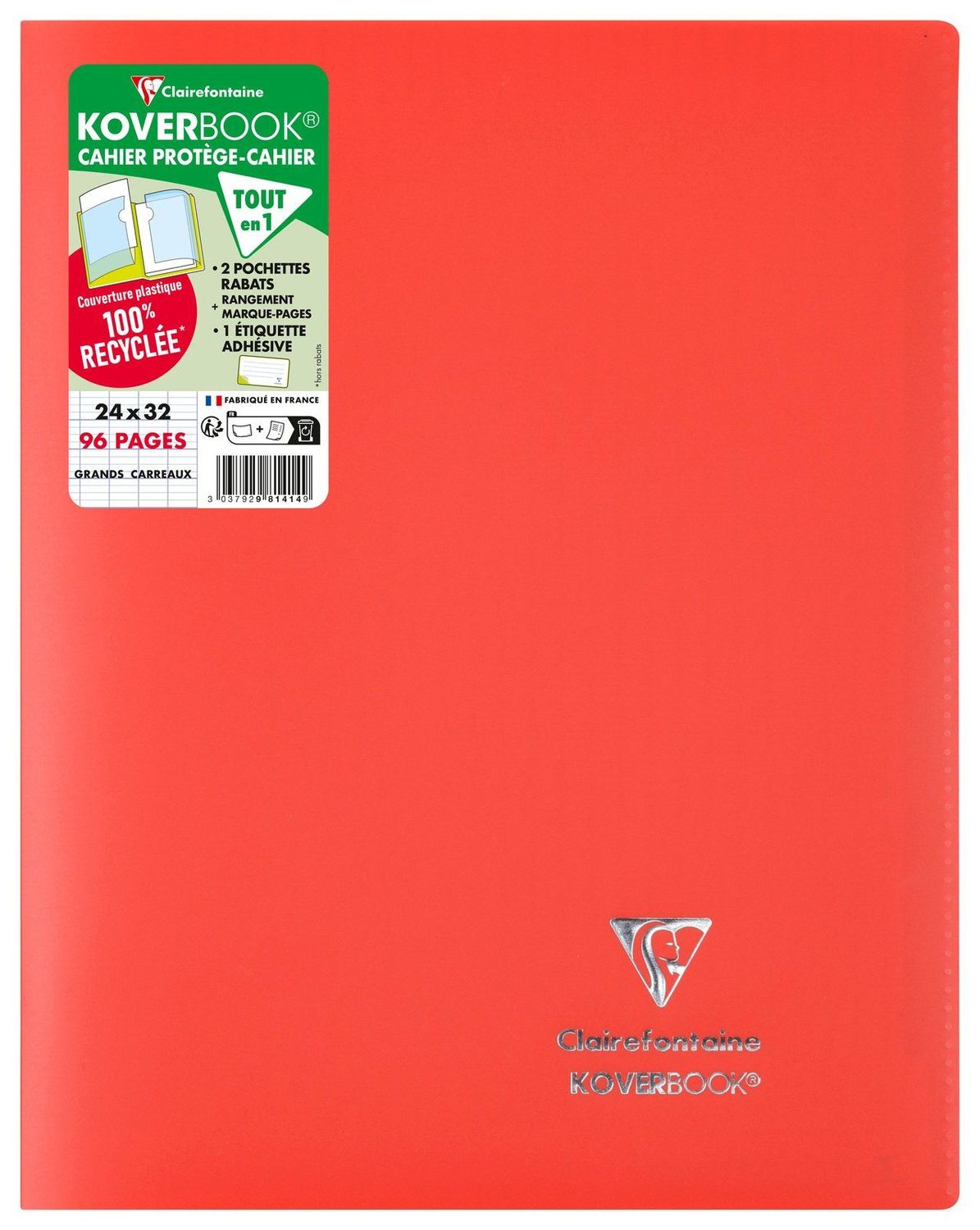 Cahier Koverbook Polypro Rouge CLAIREFONTAINE 24x32 96p  Grands Carreaux