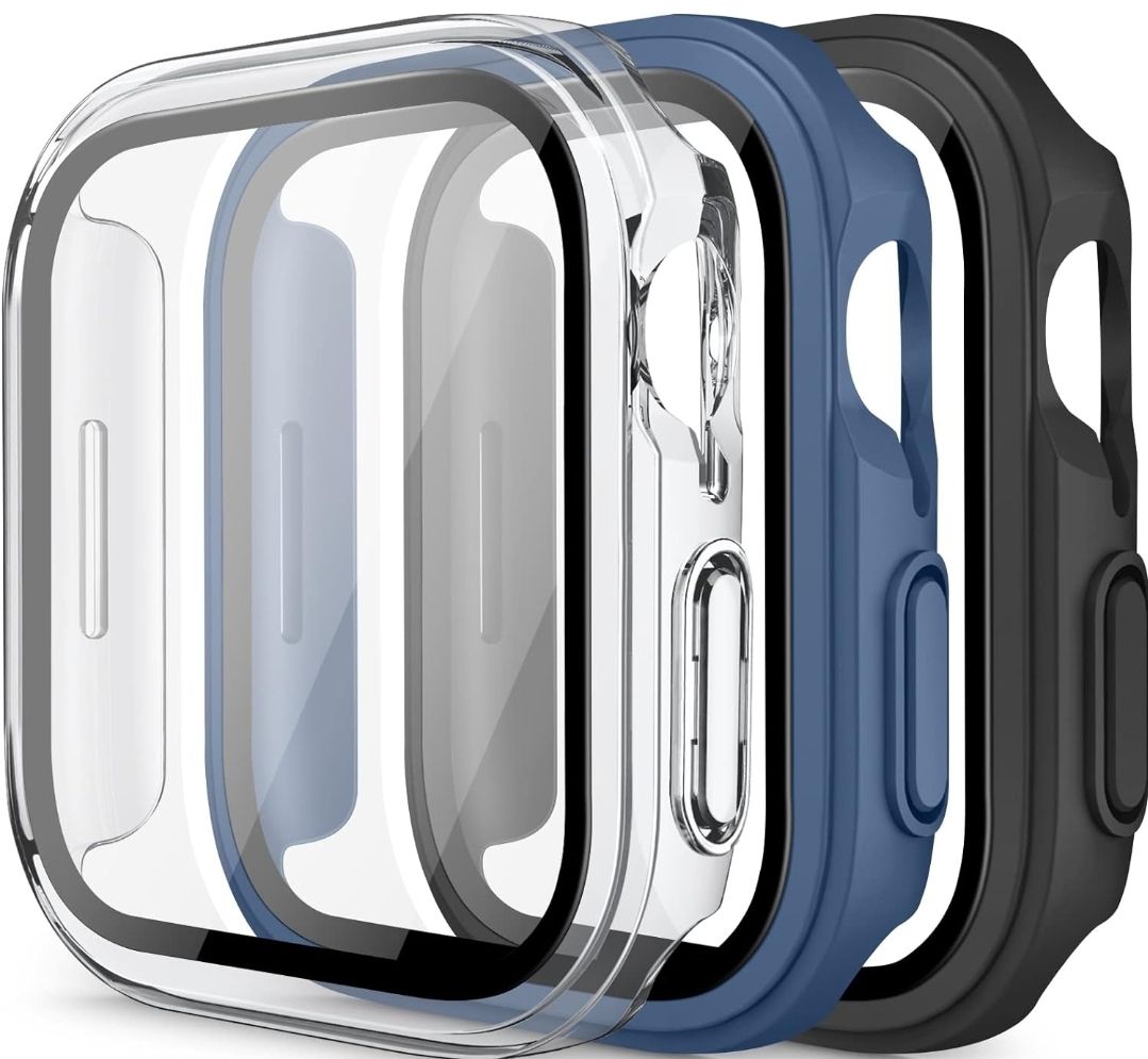 [3 Pack]Hard PC Case for Apple Watch Case for Series 8 &amp; 7 41/45mm,Series 6 &amp;5 &amp;4 &amp;SE 40/44mm with Tempered Glass Screen Protector, Full Ultra-Thin Scratch Resistat Cover (41MM, Black+Clear+Navy Blue)