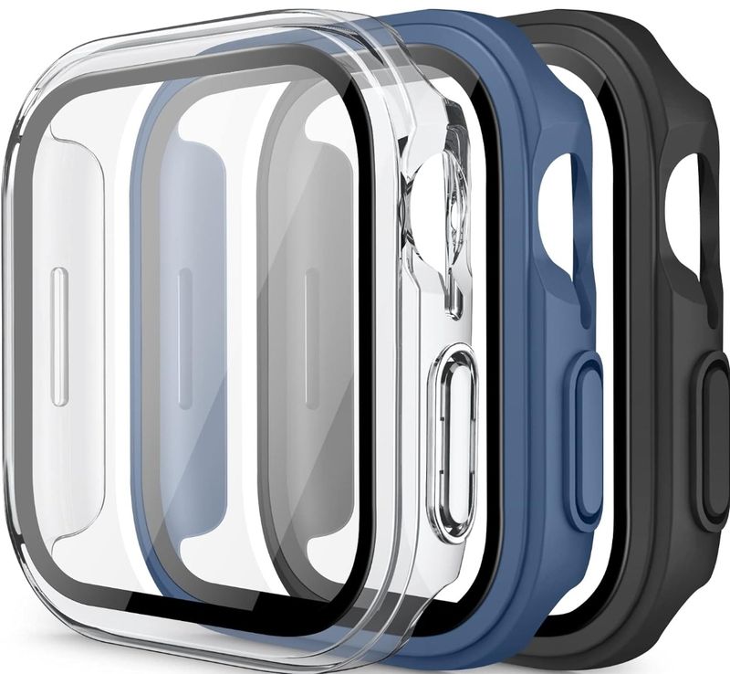 [3 Pack]Hard PC Case for Apple Watch Case for Series 8 &amp; 7 41/45mm,Series 6 &amp;5 &amp;4 &amp;SE 40/44mm with Tempered Glass Screen Protector, Full Ultra-Thin Scratch Resistat Cover (44MM, Black+Clear+Navy Blue)