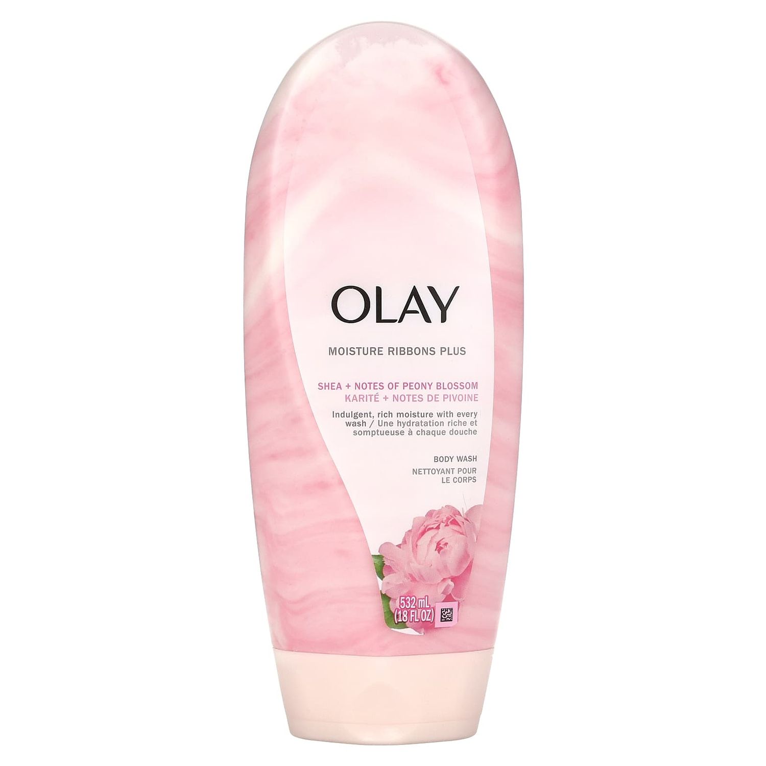 OLAY Moisture Ribbons Plus Body Wash, Shea + Notes of Peony Blossom, 18 fl oz (532 ml