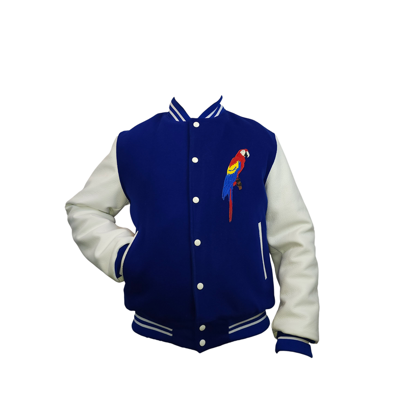 Blouson teddy Bleu électrique/Blanc manche en cuir (cuir de vachette) doublure 100% polyester MADE IN FRANCE