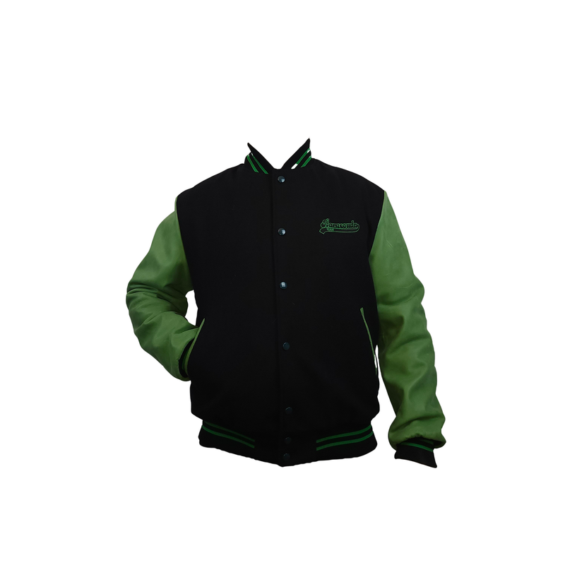 Blouson teddy Noir/Vert manche en cuir (cuir de vachette) doublure 100% polyester MADE IN FRANCE