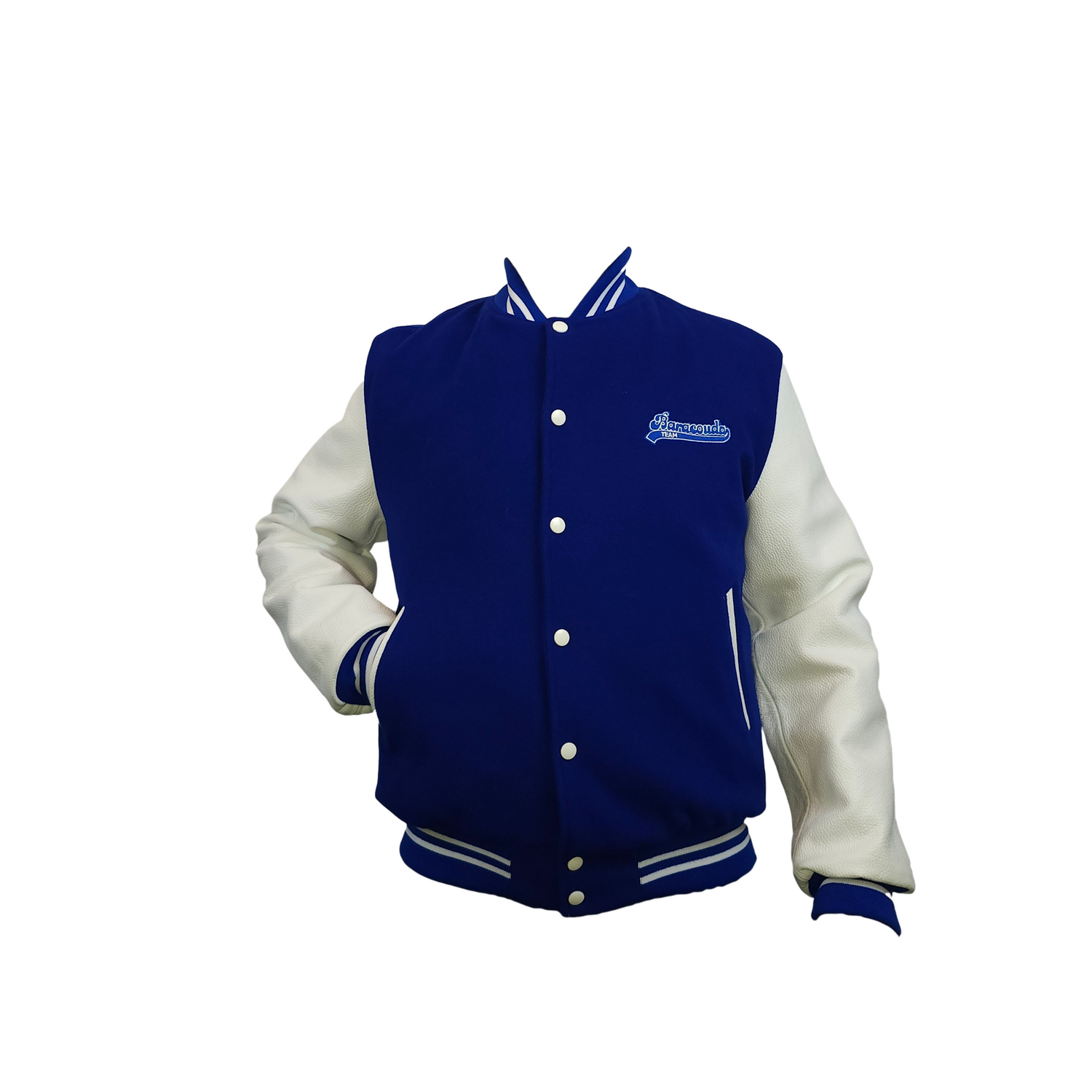 Blouson teddy Bleu électrique/Blanc manche en cuir (cuir de vachette) doublure 100% polyester MADE IN FRANCE