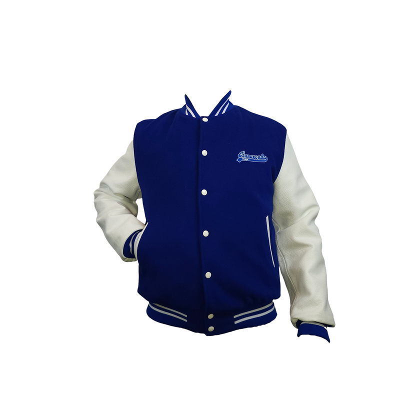 Blouson teddy Bleu électrique/Blanc manche en cuir (cuir de vachette) doublure 100% polyester MADE IN FRANCE