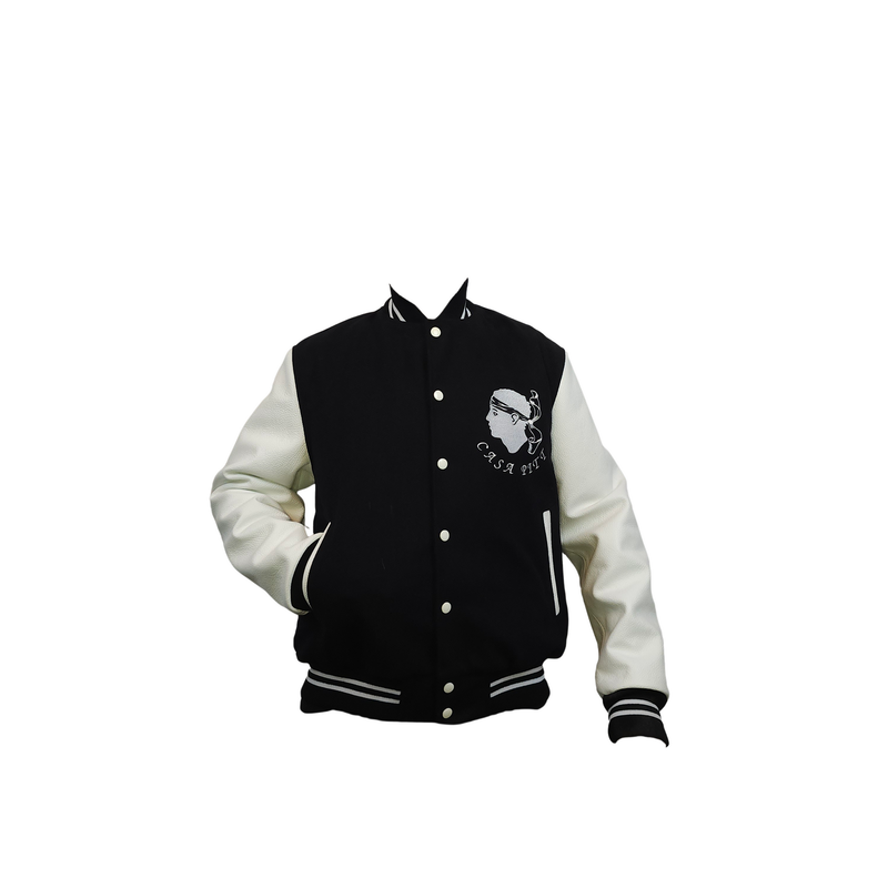 baracouda Blouson teddy Brodé Corse Noir/Blanc manche en cuir (cuir de vachette) doublure 100% polyester MADE IN FRANCE