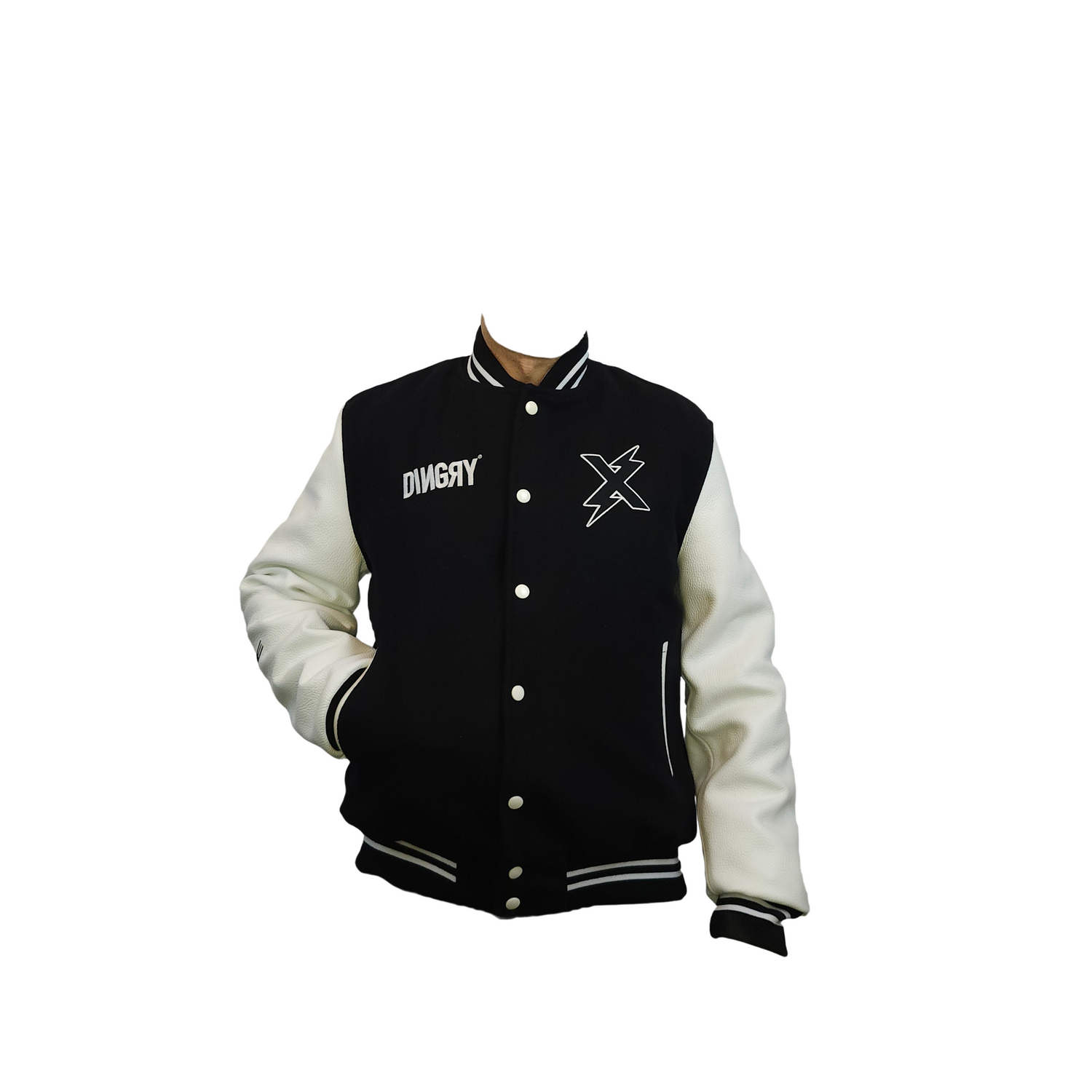 Blouson teddy Noir/Blanc manche en cuir (cuir de vachette) doublure 100% polyester MADE IN FRANCE