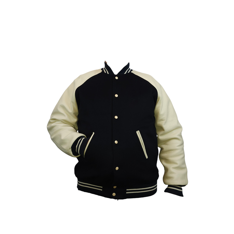 Blouson Teddy modèle Raglan Noir/Blanc cassé manche en cuir (cuir de vachette) doublure 100% polyester MADE IN FRANCE