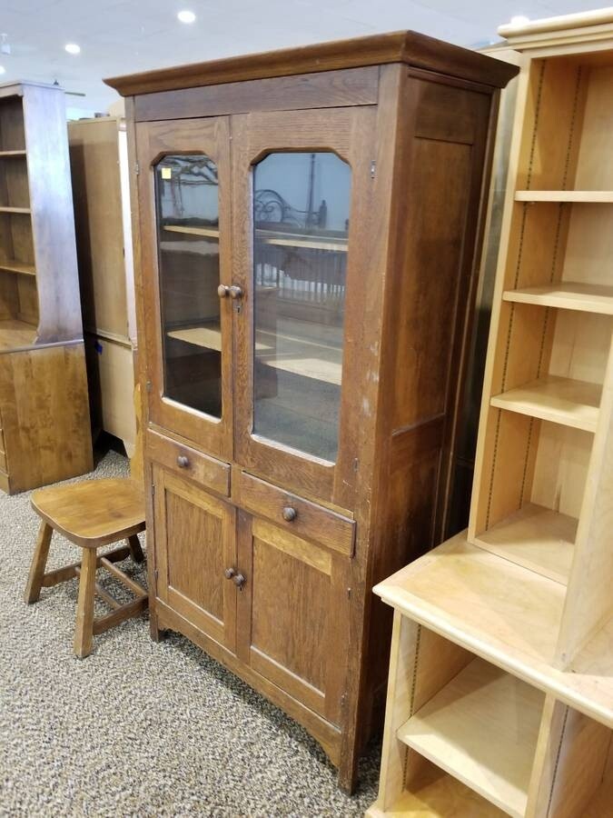 Antique Oak Cabinet with Glass Doors