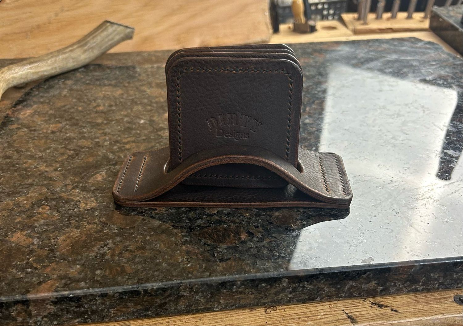 Double Thick coaster set With Holder (brown Kodiak Oil Tanned)
