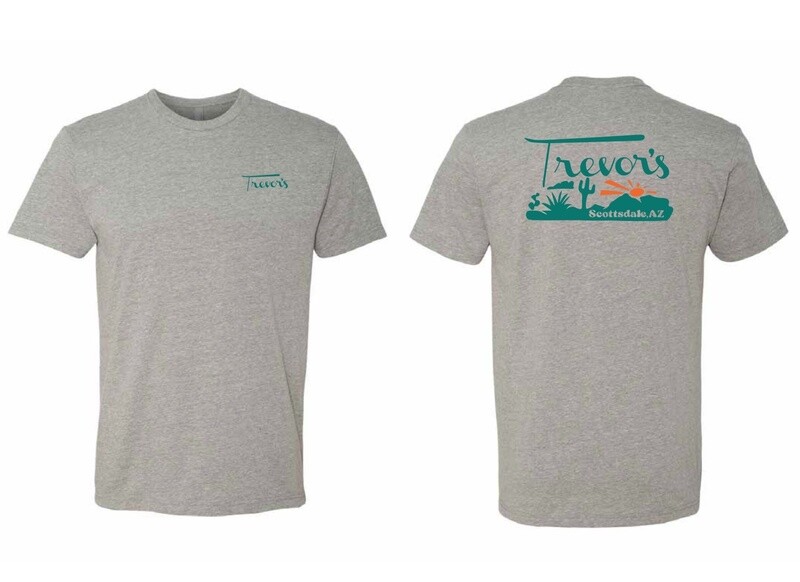 Trevors Teal Logo Desert Landscape Grey Shirt