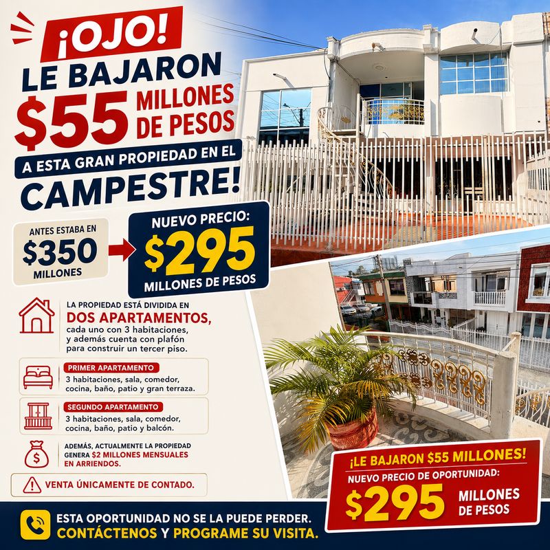 CASA DE DOS PISOS CON PLAFÓN EN EL CAMPESTRE CASA DE DOS PISOS CON PLAFÓN EN EL CAMPESTRE