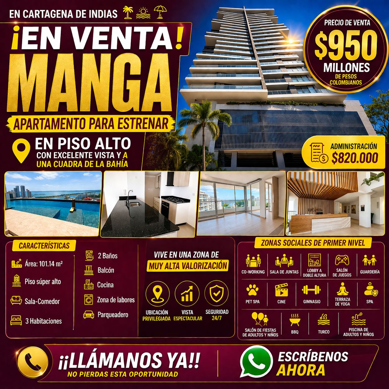 VENTA DE APTO EN MANGA PISO ALTO