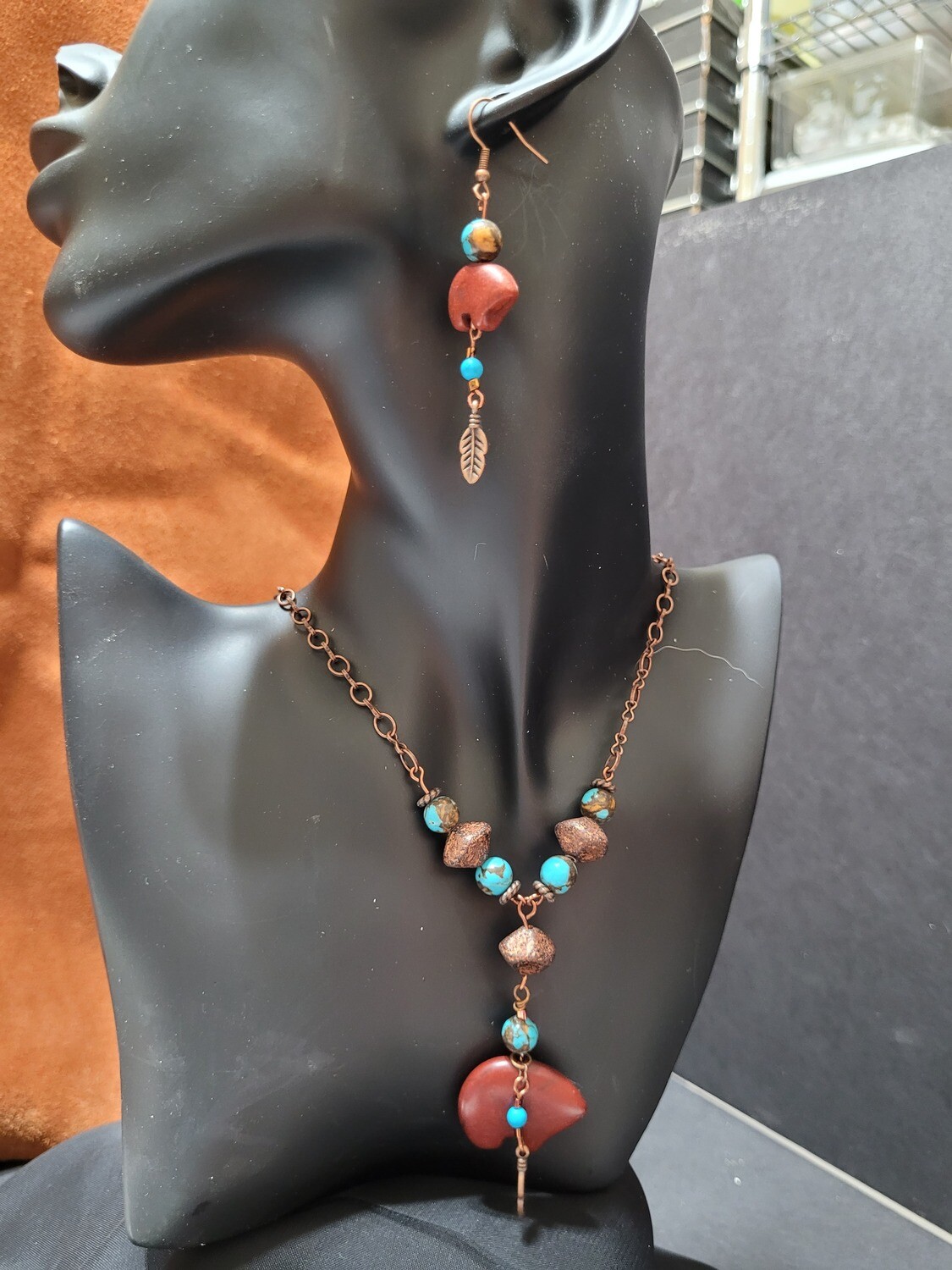 Red Jasper bear necklace and earrings